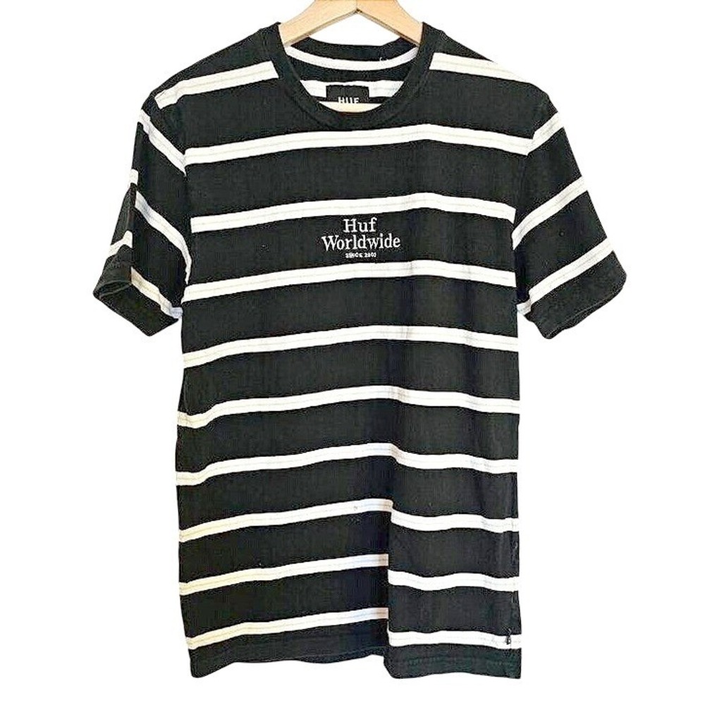 Woman's Huff T Shirt Size Medium Blue Striped white short sleeve‎